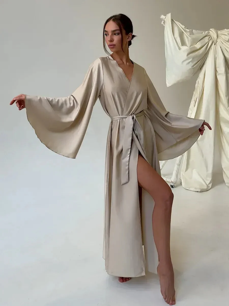 V-neck Thin Strap Nightgown Lazy Style Parties Maxi Dresses - Image 24