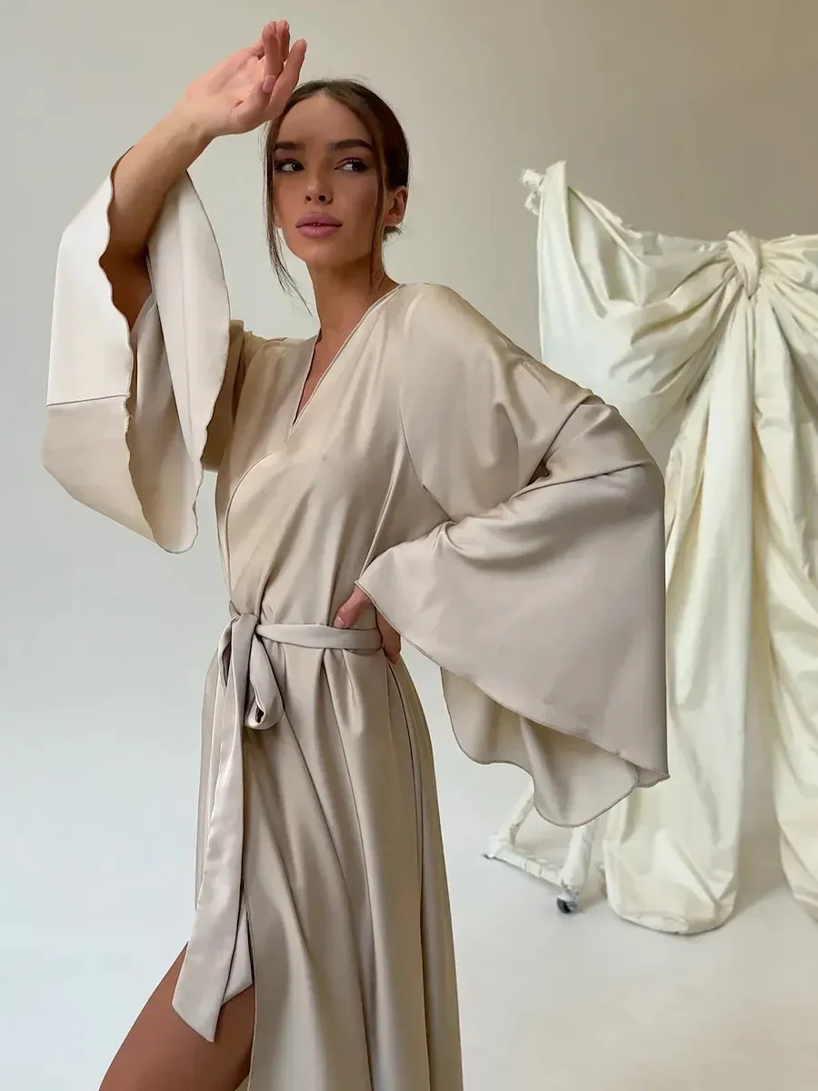 V-neck Thin Strap Nightgown Lazy Style Parties Maxi Dresses - Image 25