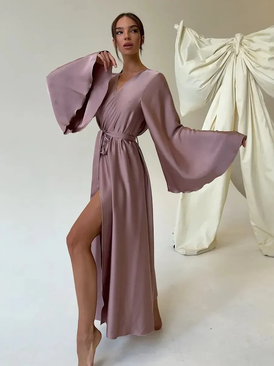 V-neck Thin Strap Nightgown Lazy Style Parties Maxi Dresses - Image 26