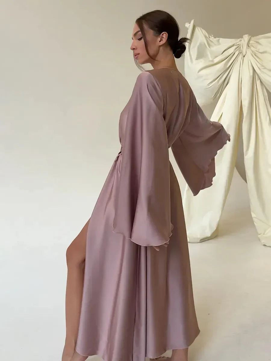 V-neck Thin Strap Nightgown Lazy Style Parties Maxi Dresses - Image 27