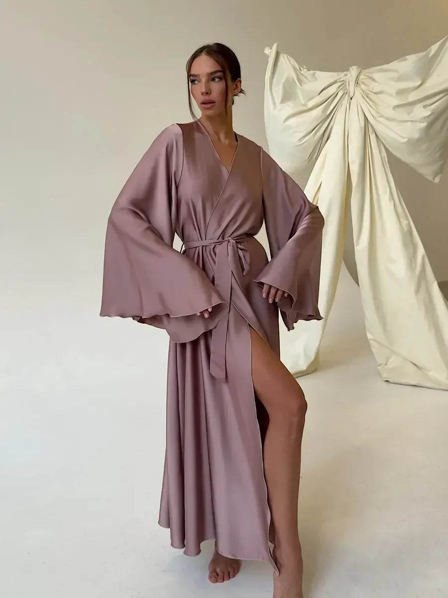 V-neck Thin Strap Nightgown Lazy Style Parties Maxi Dresses - Image 30