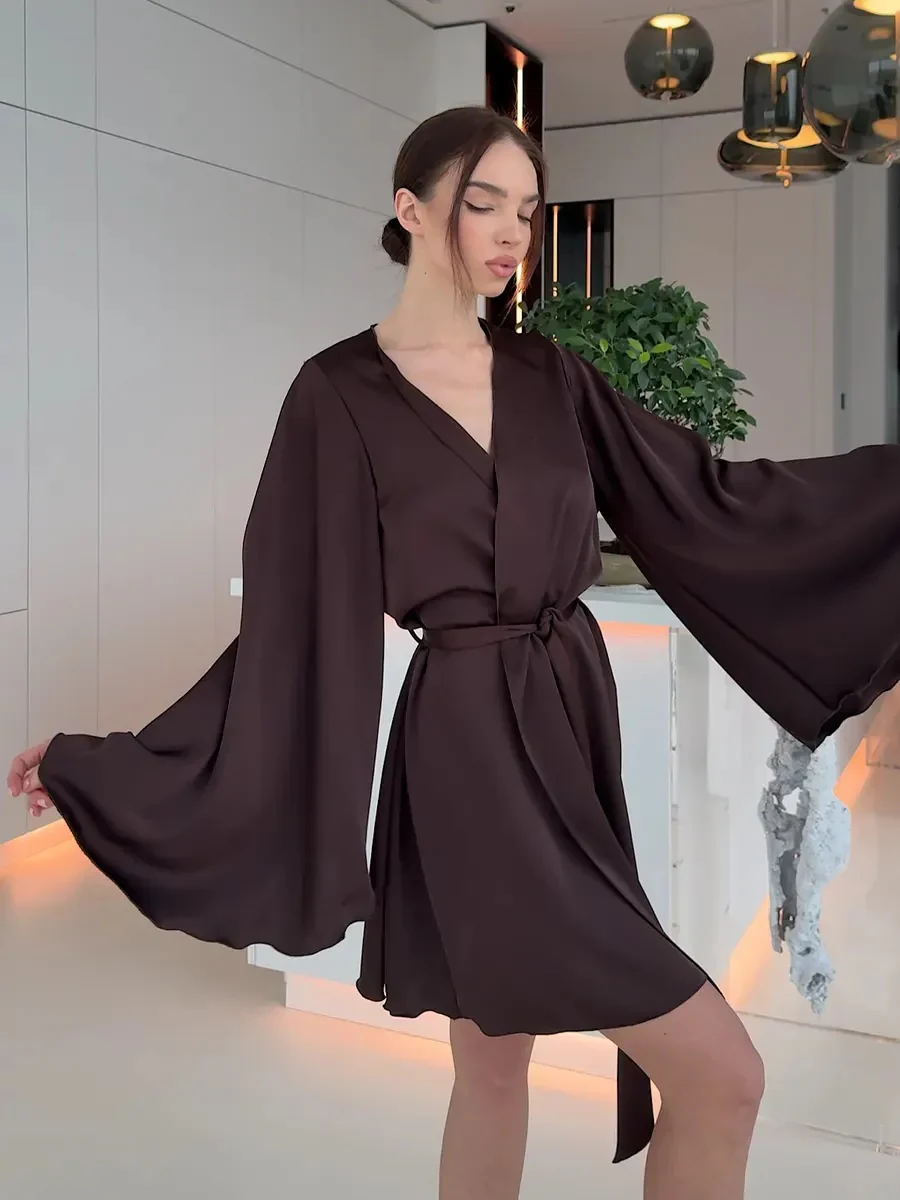 V-neck Thin Strap Nightgown Lazy Style Parties Mini&Short Dresses - Image 12