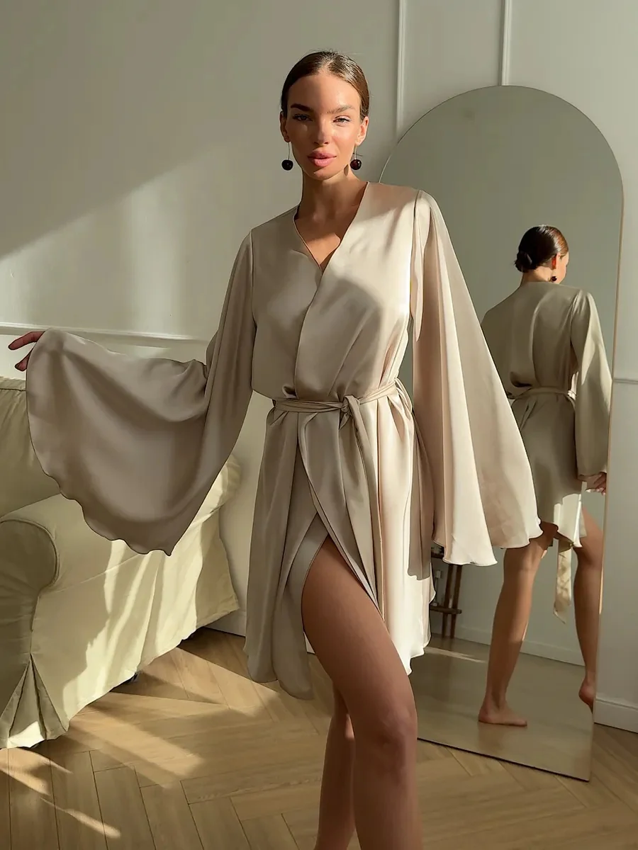 V-neck Thin Strap Nightgown Lazy Style Parties Mini&Short Dresses - Image 14