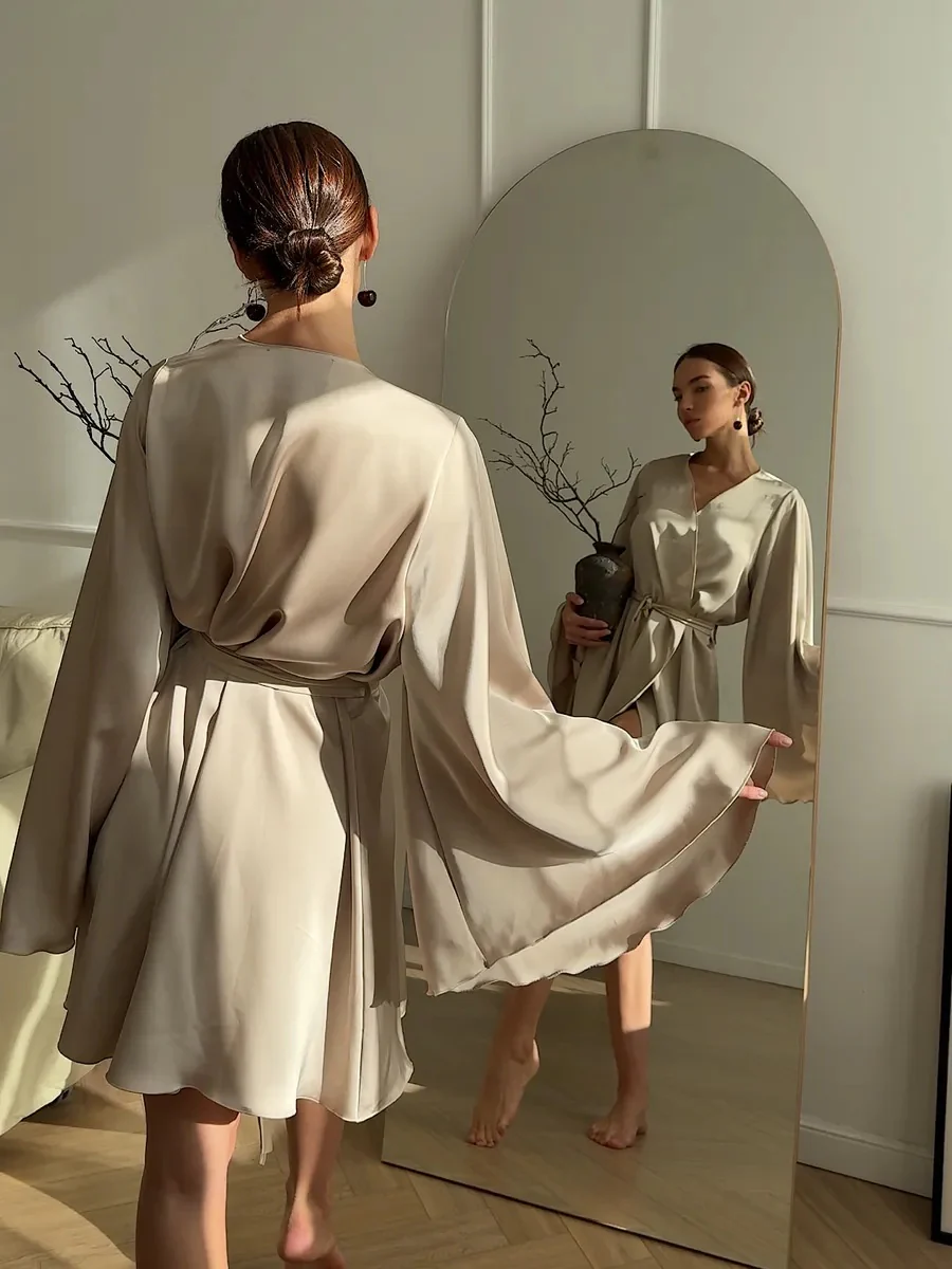 V-neck Thin Strap Nightgown Lazy Style Parties Mini&Short Dresses - Image 15