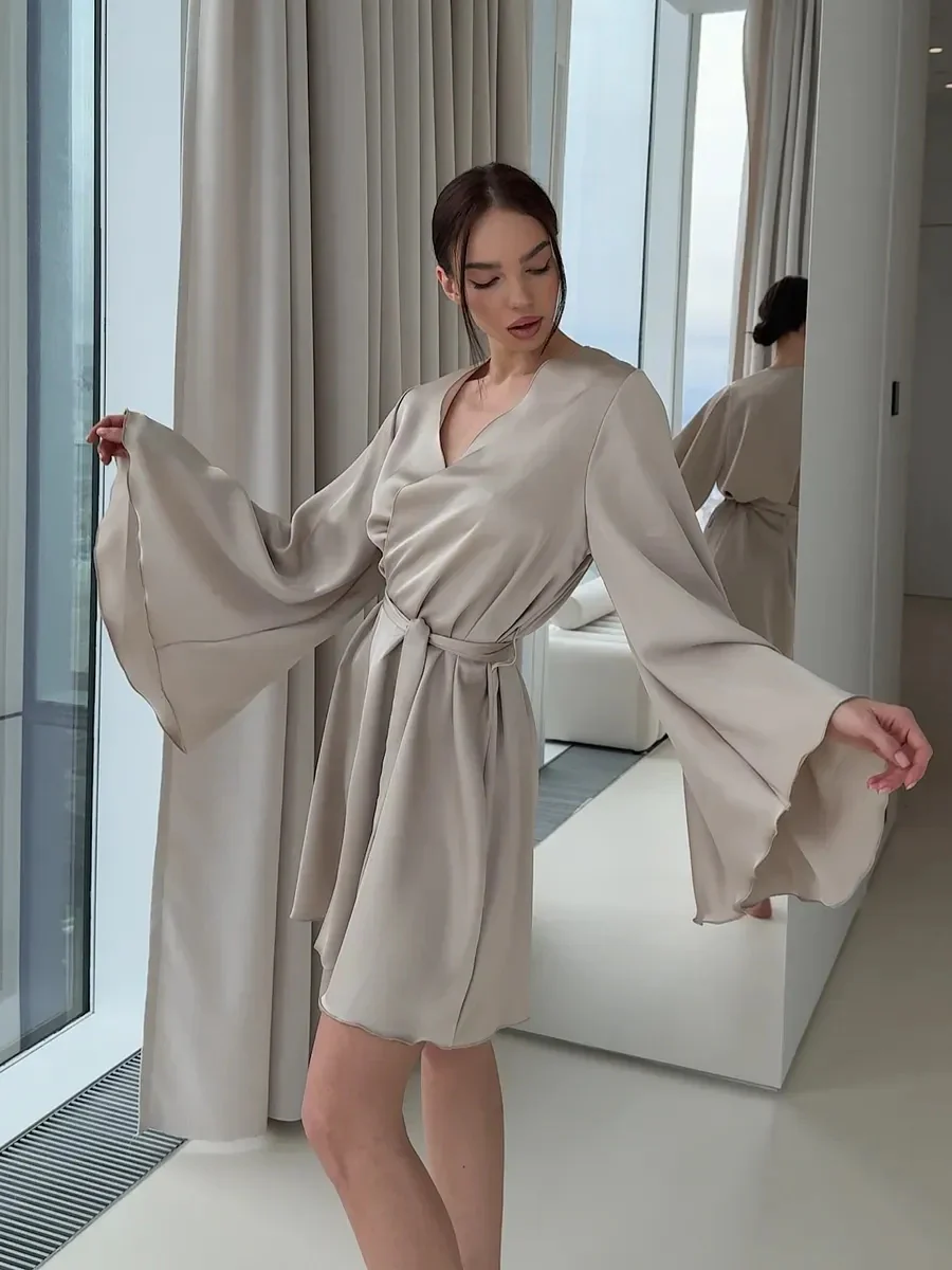 V-neck Thin Strap Nightgown Lazy Style Parties Mini&Short Dresses - Image 17