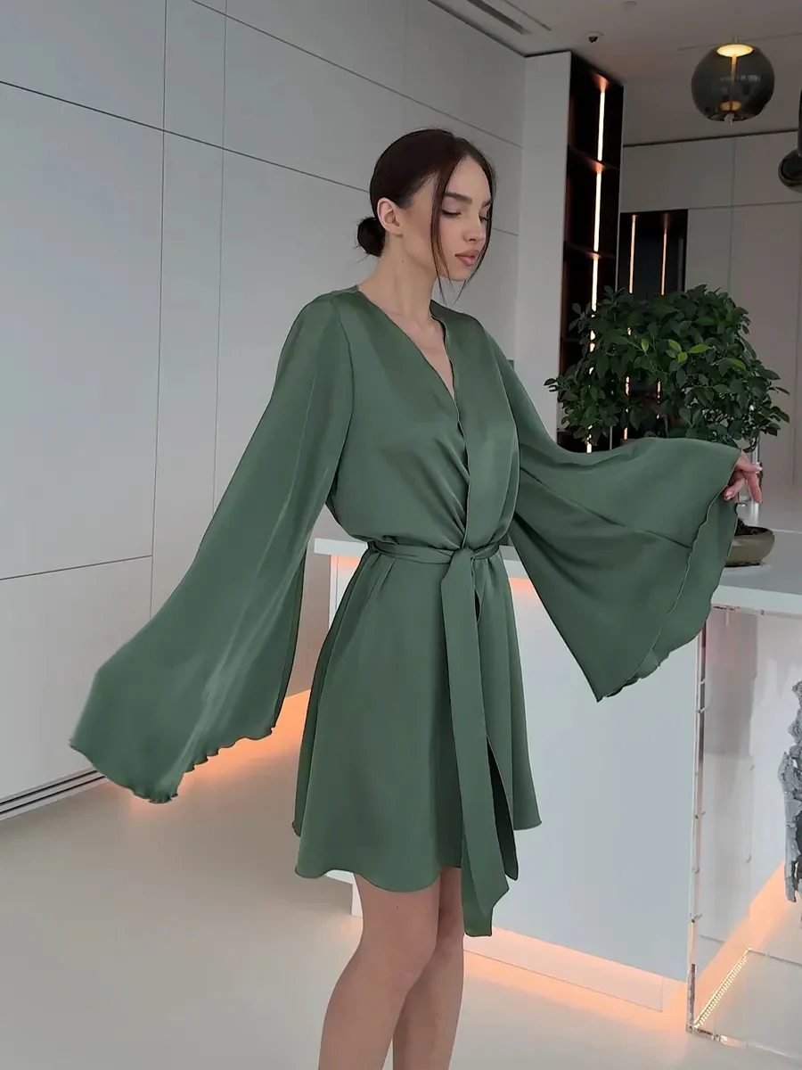 V-neck Thin Strap Nightgown Lazy Style Parties Mini&Short Dresses - Image 2