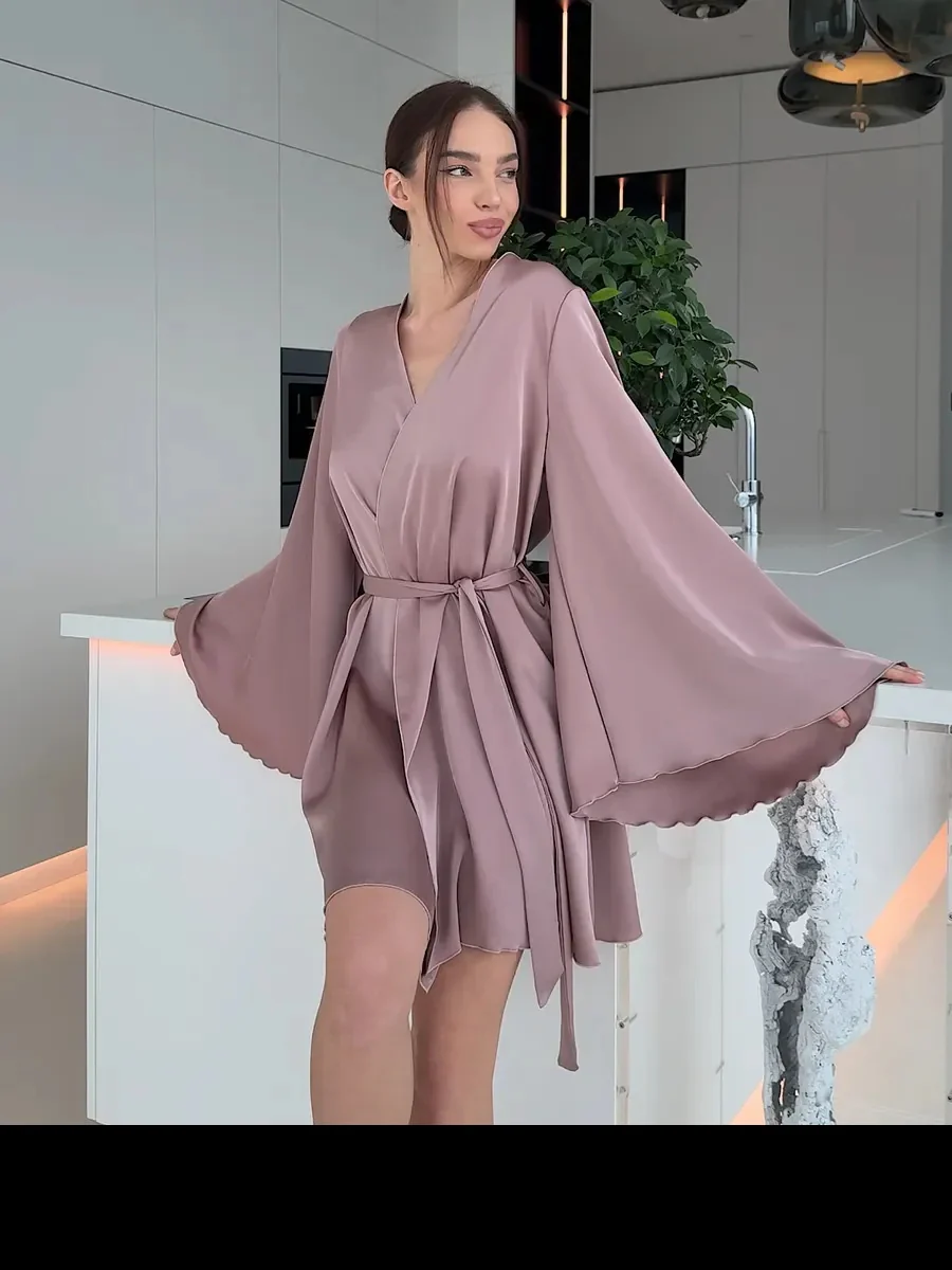 V-neck Thin Strap Nightgown Lazy Style Parties Mini&Short Dresses - Image 20