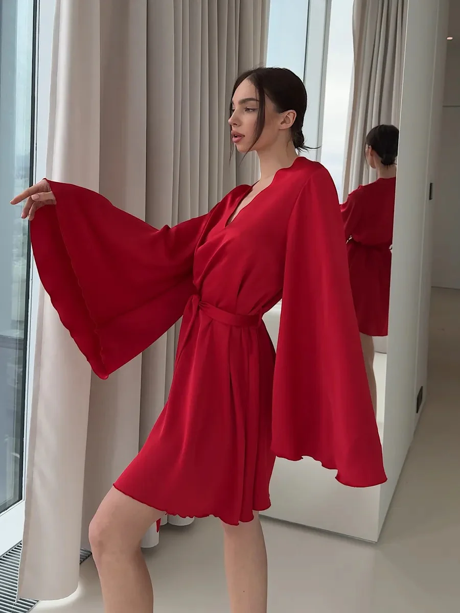 V-neck Thin Strap Nightgown Lazy Style Parties Mini&Short Dresses - Image 29