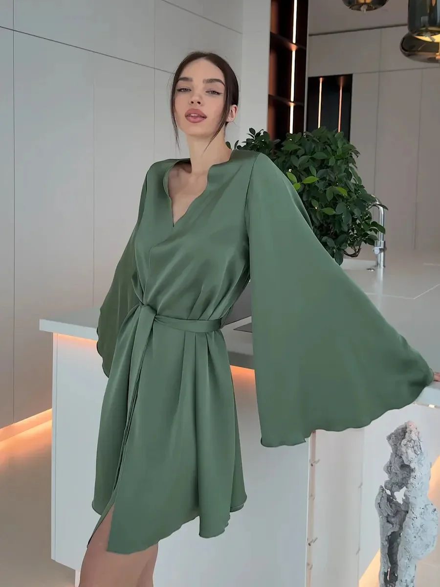 V-neck Thin Strap Nightgown Lazy Style Parties Mini&Short Dresses - Image 3