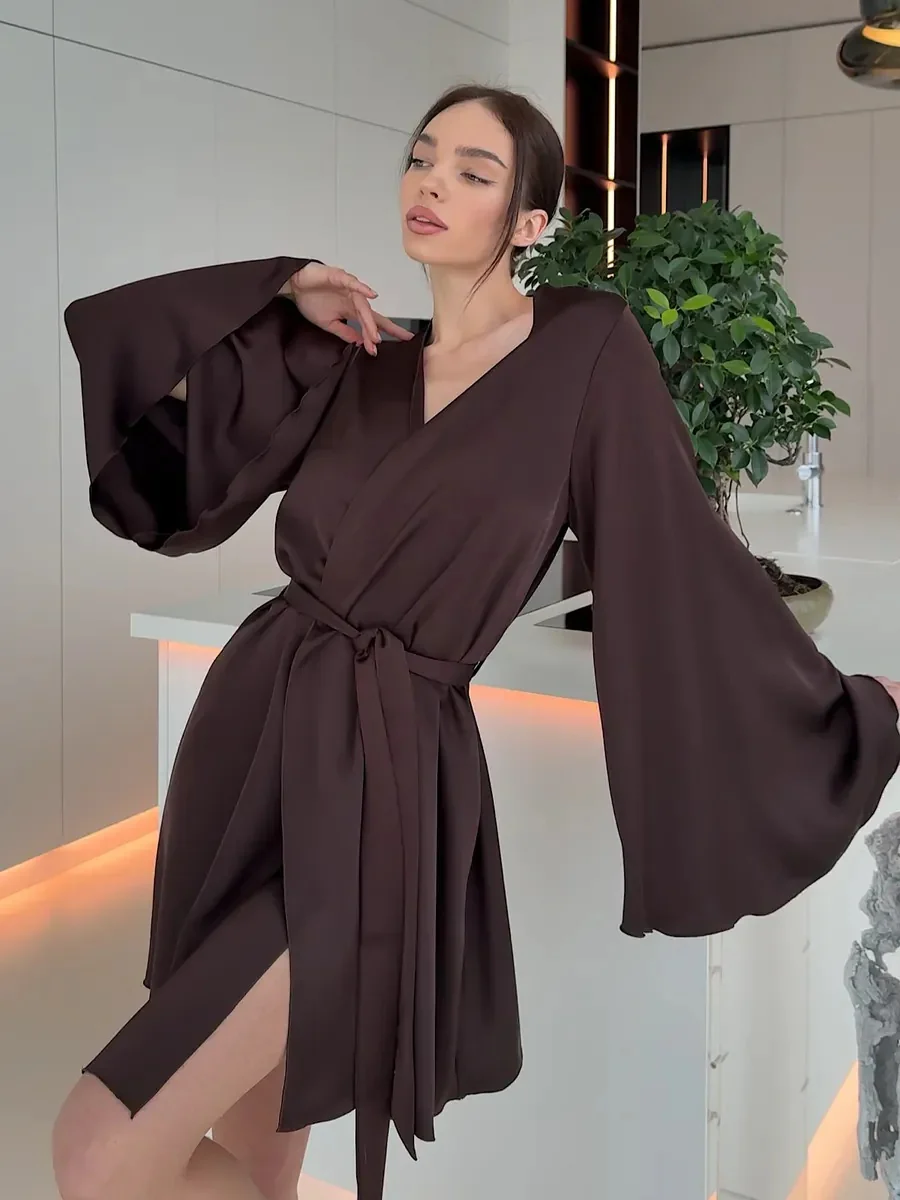V-neck Thin Strap Nightgown Lazy Style Parties Mini&Short Dresses - Image 9