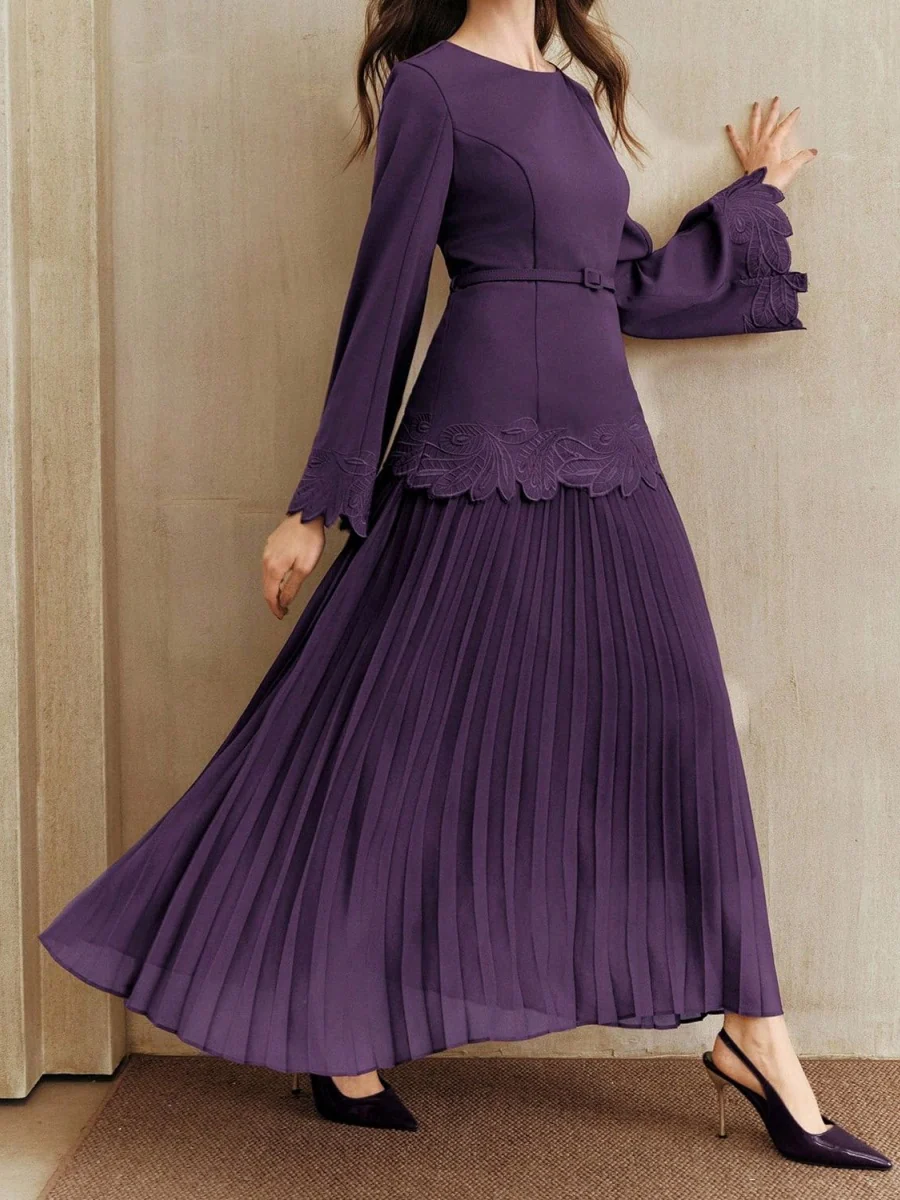 Applique Including Belt Pleats Maxi Dresses - Image 4