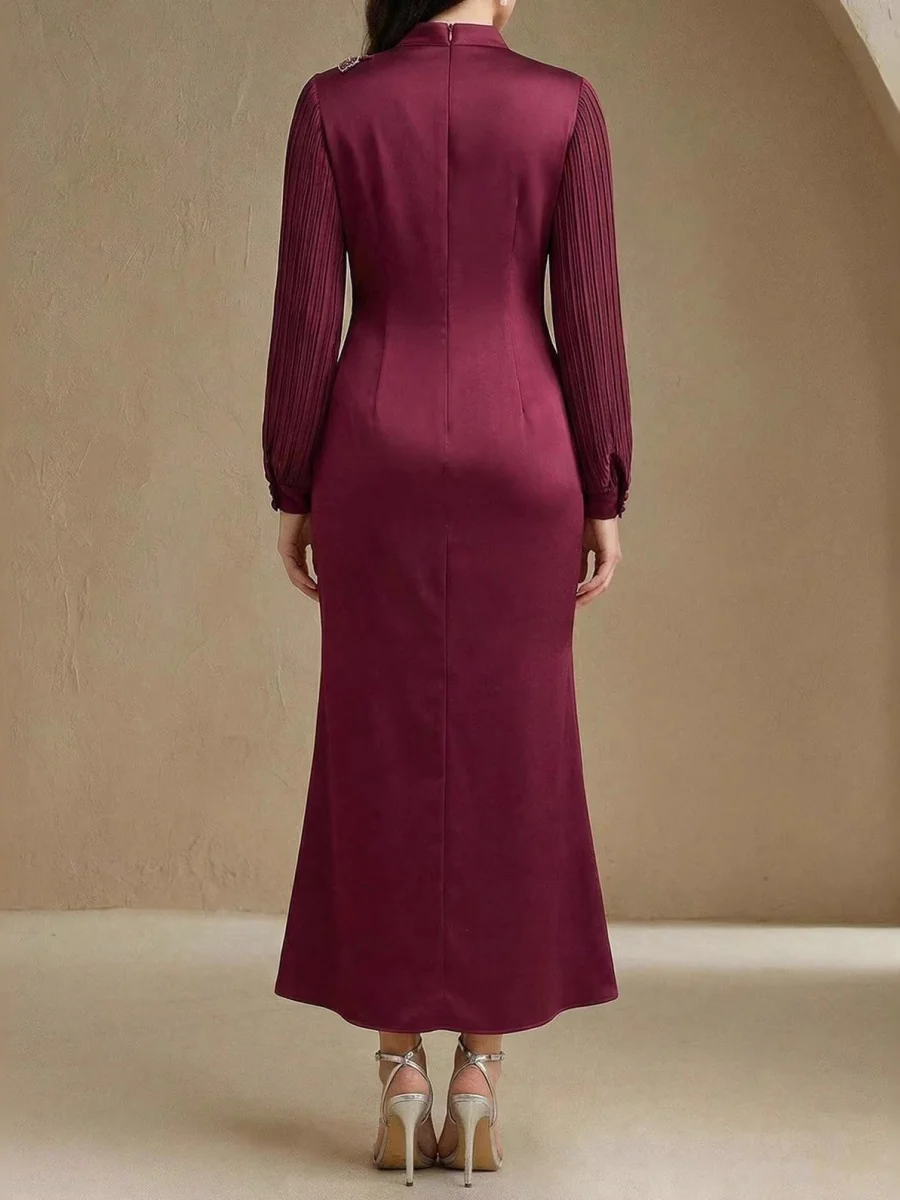 Crew Neck Long Sleeve Crimp Applique Maxi Dresses - Image 2