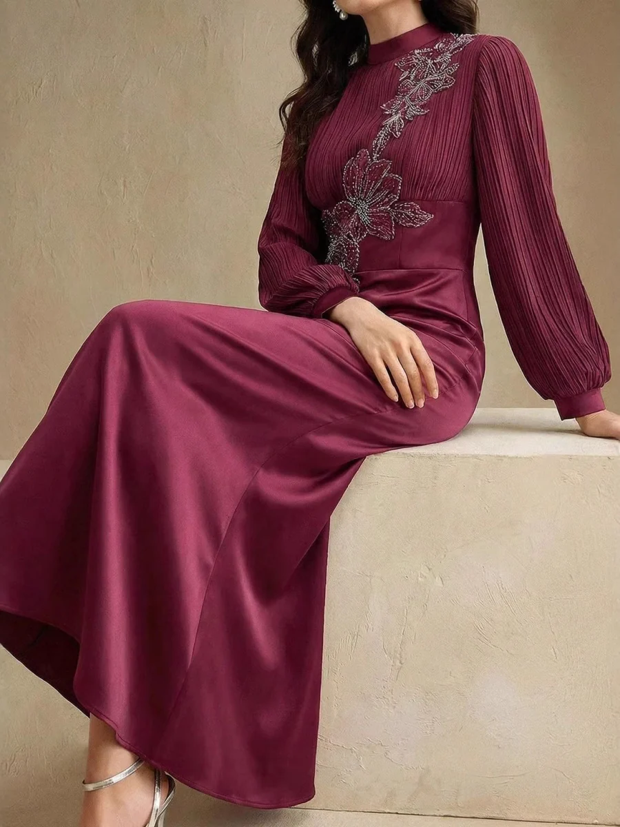 Crew Neck Long Sleeve Crimp Applique Maxi Dresses - Image 3