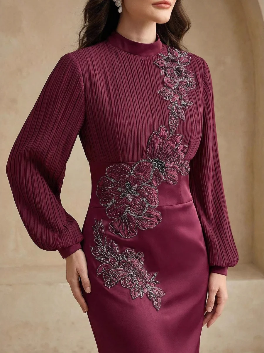Crew Neck Long Sleeve Crimp Applique Maxi Dresses - Image 4