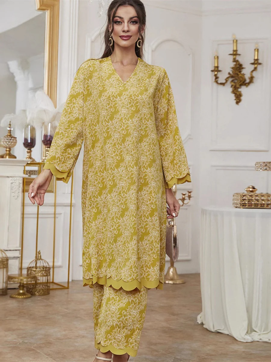 Printed Long Gown Wide-leg Pants Set 2-piece Sets - Image 2