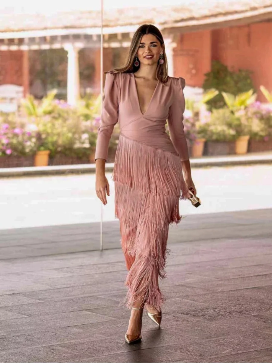 Long Sleeve Deep V Tassel Maxi Dresses - Image 6