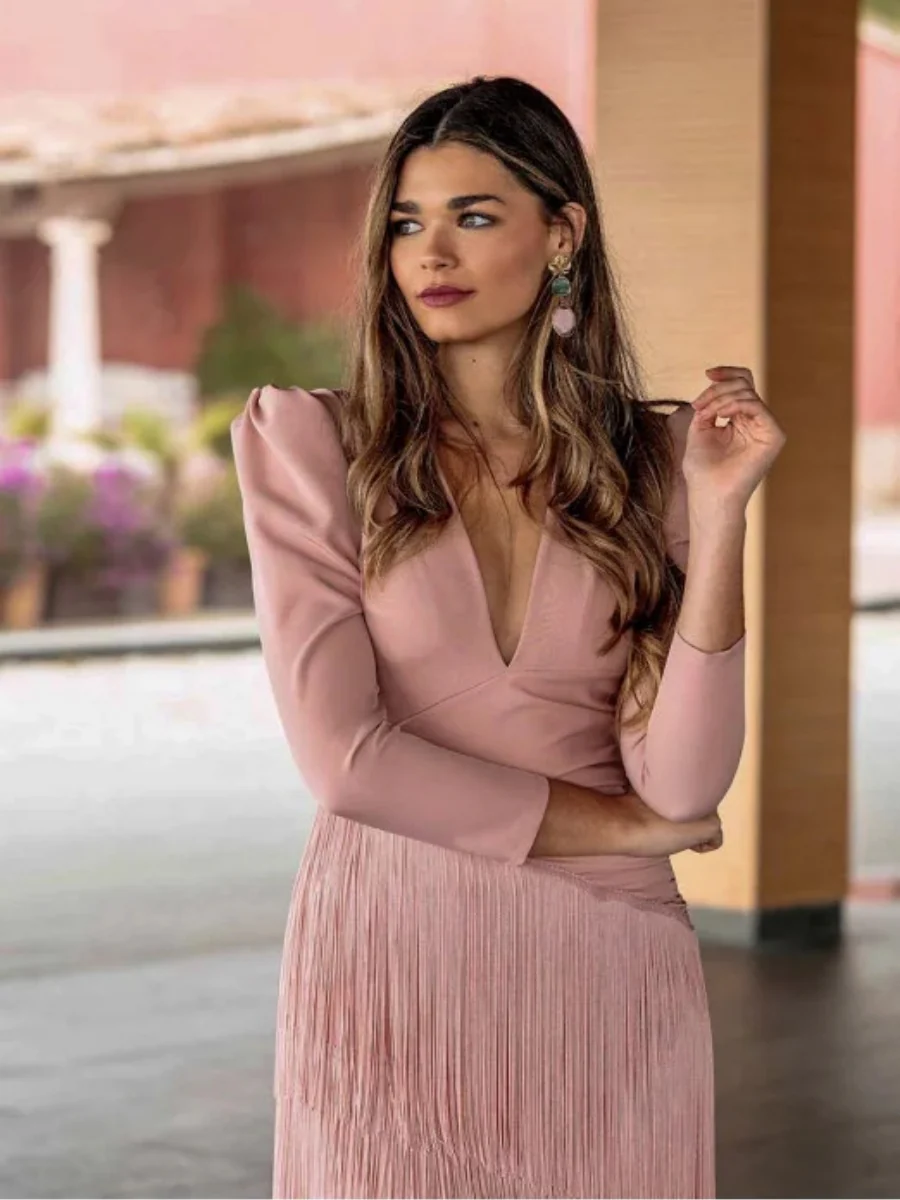 Long Sleeve Deep V Tassel Maxi Dresses - Image 7