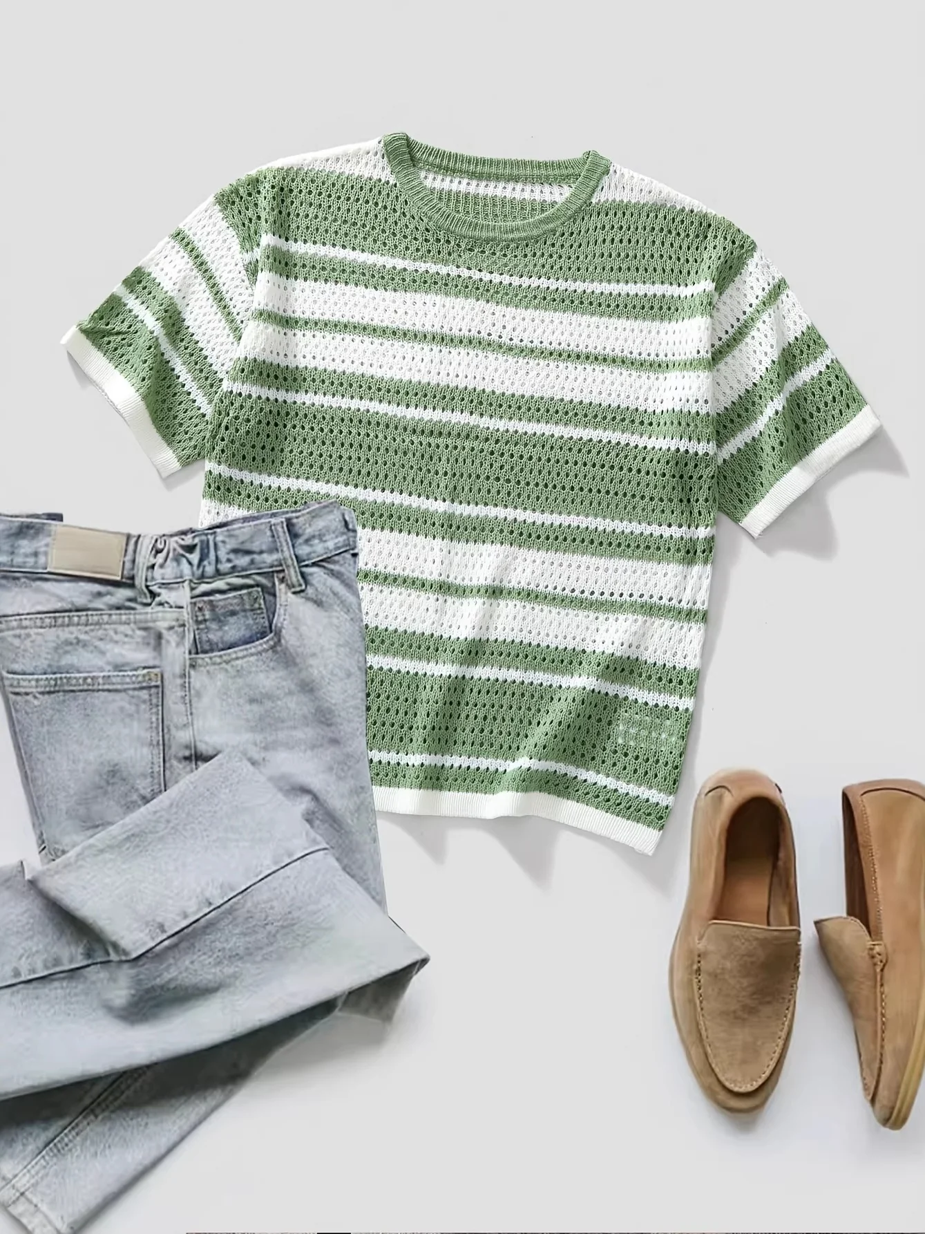 Hollow Out Color-blocked Retro Stripes Knitting T-shirts - Image 3
