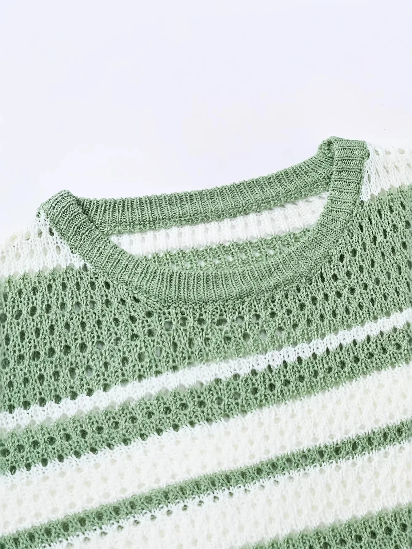 Hollow Out Color-blocked Retro Stripes Knitting T-shirts - Image 4