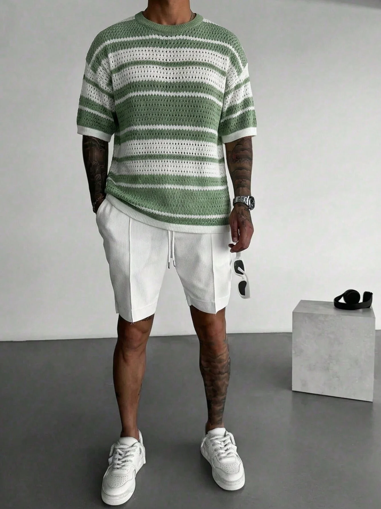 Hollow Out Color-blocked Retro Stripes Knitting T-shirts - Image 5