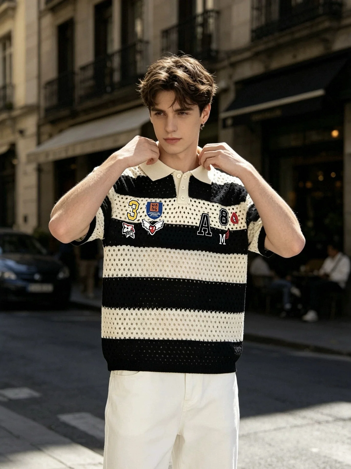 College Style Stripes Hollow Out Badge Embroidery POLO Shirt - Image 4